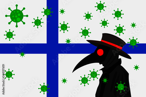 Black plague doctor surrounded by viruses with copy space with FINLAND flag.