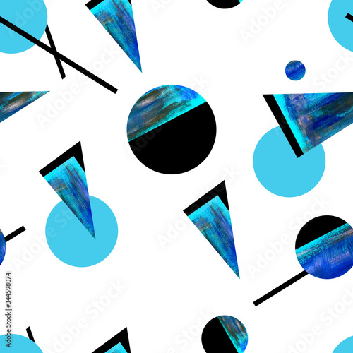 Abstract seamless pattern with texture of pint in suprematism, modernism, cubism style with triangles, stripes and circles