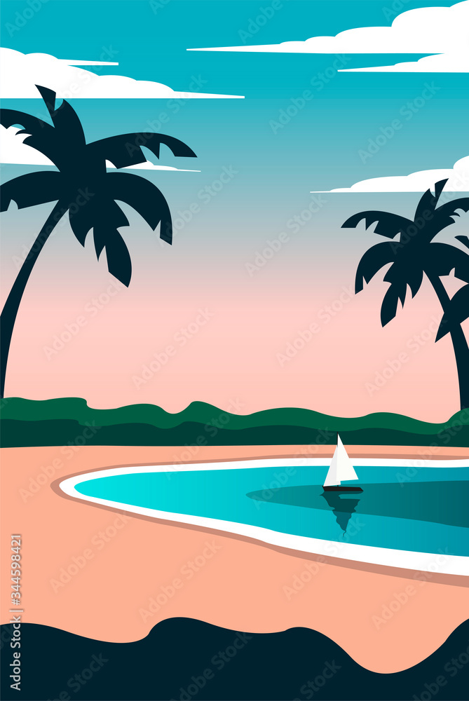 Creative concept vector illustration sailing boat yacht at the sea with beach palms in the sunlight sundown sunset dusk.