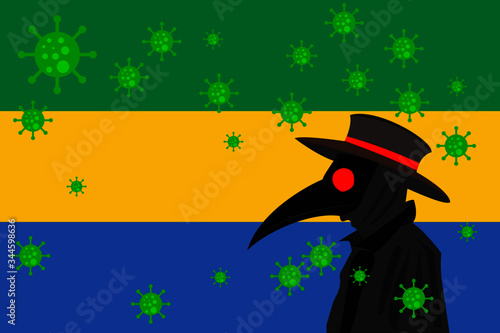 Black plague doctor surrounded by viruses with copy space with GABON flag.