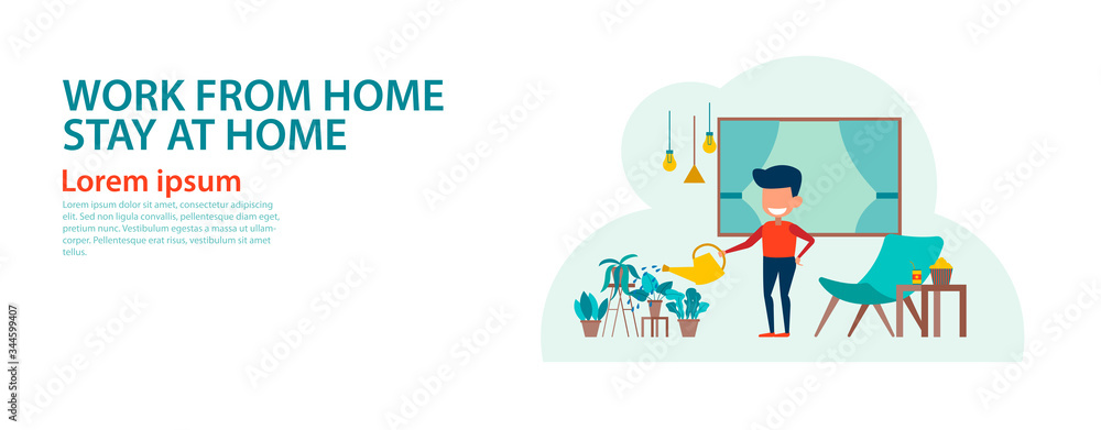 banner of cartoon version of working home and stay home with flat design banner of cartoon version of working home and stay home with flat design