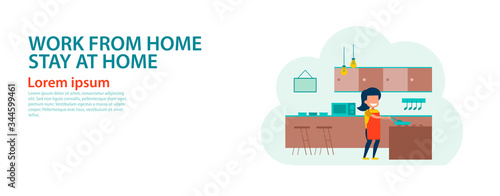 banner of cartoon version of working home and stay home with flat design