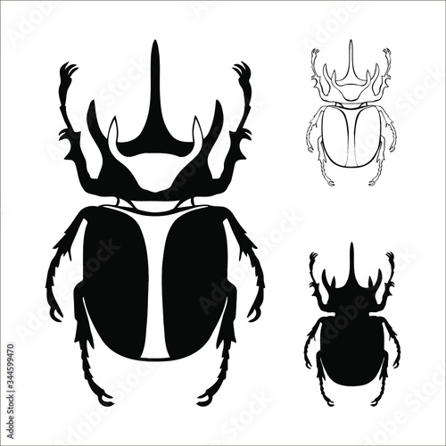 Rhinoceros bug silhouette vector object. Black bug isolated on a white. Stamp design element.