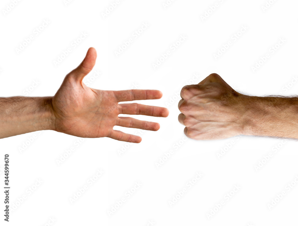 Men's hands in the process of playing rock-paper-scissors. first hand shows paper, second hand shows stone. Separate on a white background.