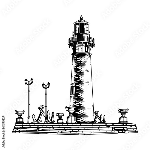 Vector engraving style lighthouse isolated illustration