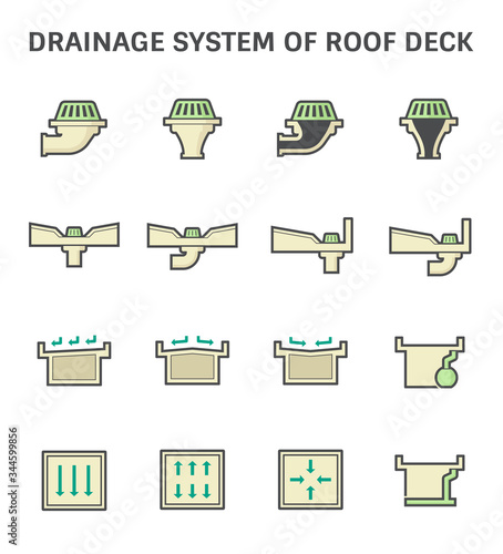 Roof deck and drainage equipment vector icon set design on white background.