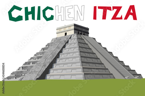 Detailed and naturalistic vector graphic of the Chichen Itza Pyramid on the Yucatan Peninsula, Mexico, Central America