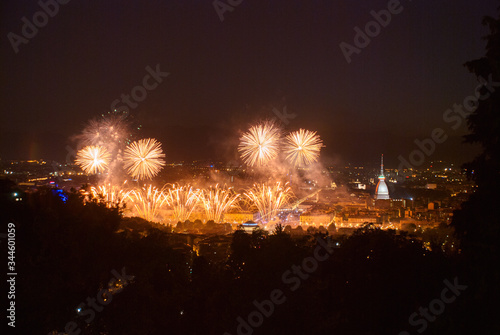 Panoramic view of Turin with fireworks at the feast of San Giovanni