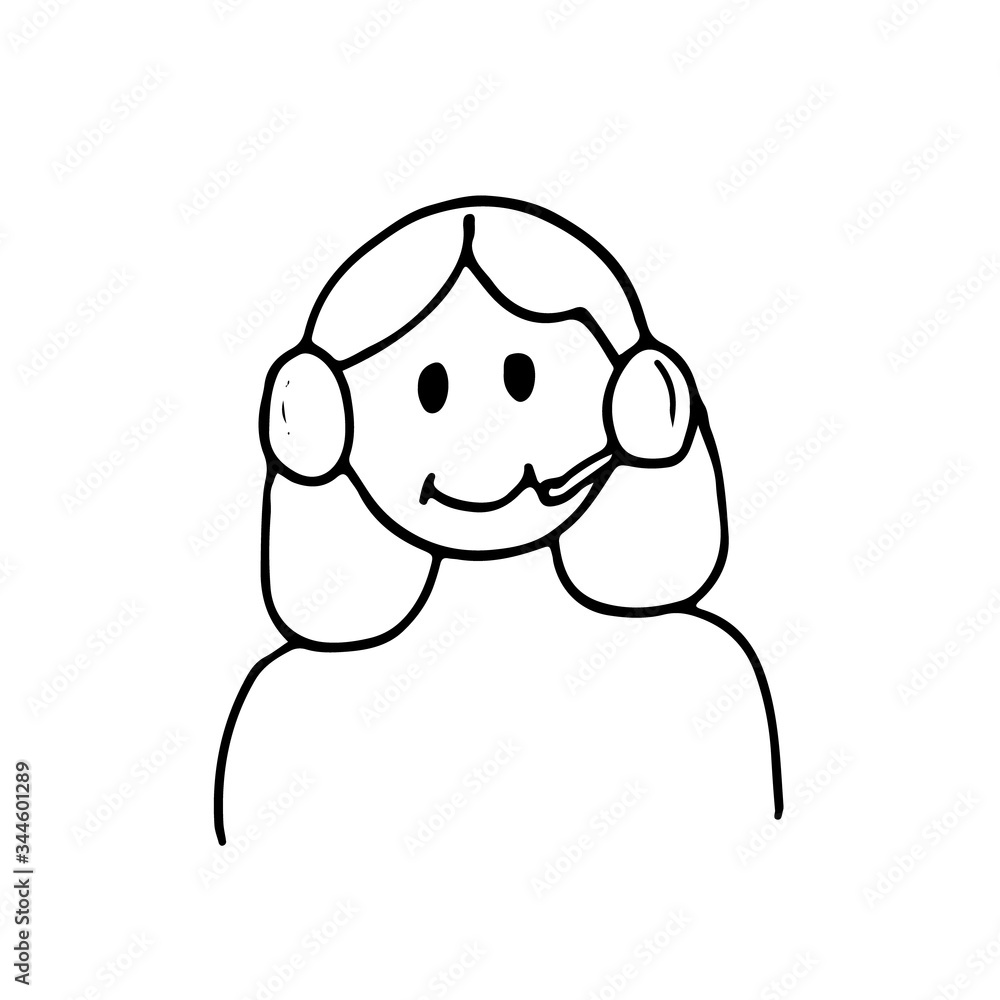 Obraz premium Woman in headphones with microphone, headset. Online psychological consultation, shopping manager, call center, around the clock help. Simple vector illustration in cartoon doodle style
