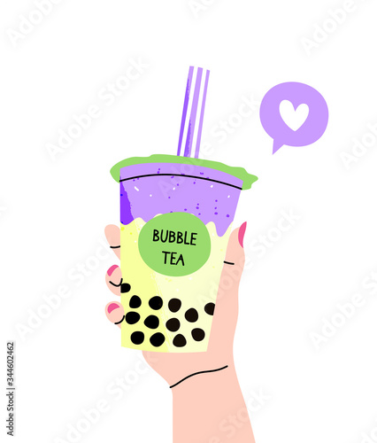 Colorful vector illustration of a hand holding a bubble tea cup. Boba tea, a sweet Taiwanese drink popular in Asia. Flat cartoon style, elements are isolated.