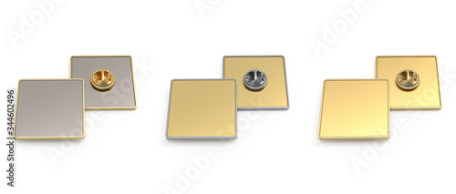 Empty metal square brooch. Set of gold and silver color. Mockup, template for presentation of company logo. Front and back view. Lapel badge on a pin. 3d Illustration isolated on a white background.