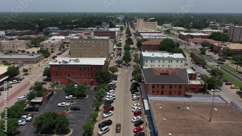 Flight over downtown at noon, Bryan, Texas, USA