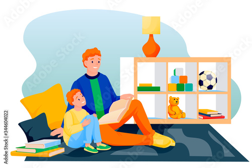 Happy father and son reading fairytale book together. Dad and little boy sitting on carpet in playroom and learning. Vector characters illustration. Family leisure lifestyle and time at home