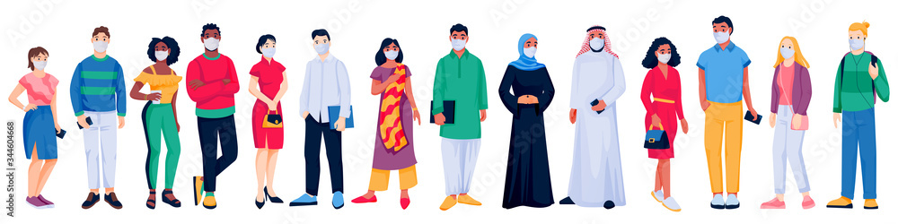 Multiethnic people crowd in protective medical masks. Vector flat cartoon characters illustration. World epidemic concept. Caucasian, asian, african, arabian men, women, isolated on white background Multiethnic people crowd in protective medical masks. Vector flat cartoon characters illustration. World epidemic concept. Caucasian, asian, african, arabian men, women, isolated on white background