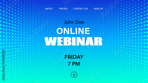 Online webinar vector template. Mock up for busines conference announcement. Abstract blue halftone dotted background