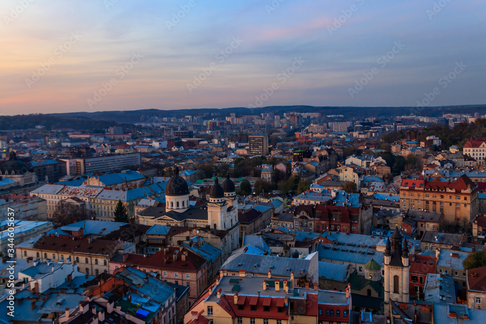 Aerial view of historic center of Lviv, Ukraine. Lvov cityscape. View from Lviv Town Hall