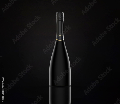 bottle of champagne on black background with reflection, for model, packshot, 3d rendering.
