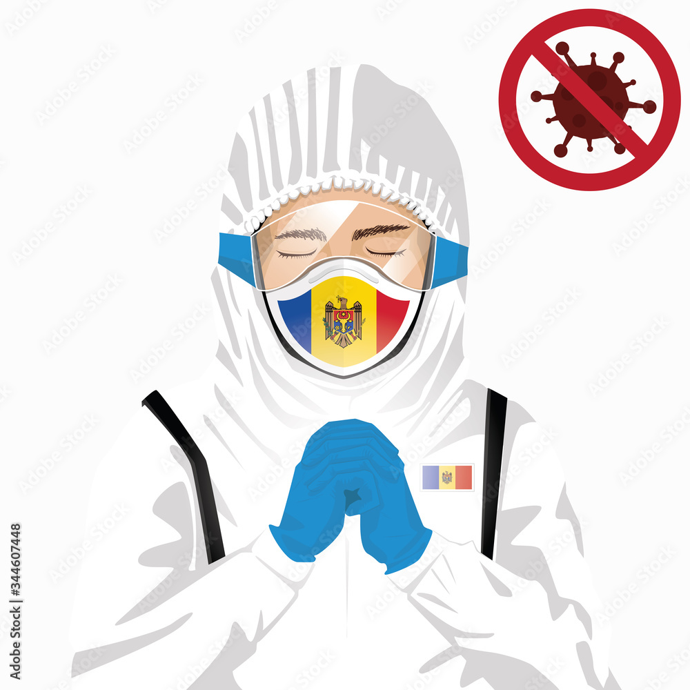 Covid-19 or Coronavirus concept. Moldovan medical staff wearing mask in protective clothing and praying for against Covid-19 virus outbreak in Moldova. Moldovan man and Moldova flag. Covid-19 or Coronavirus concept. Moldovan medical staff wearing mask in protective clothing and praying for against Covid-19 virus outbreak in Moldova. Moldovan man and Moldova flag.
