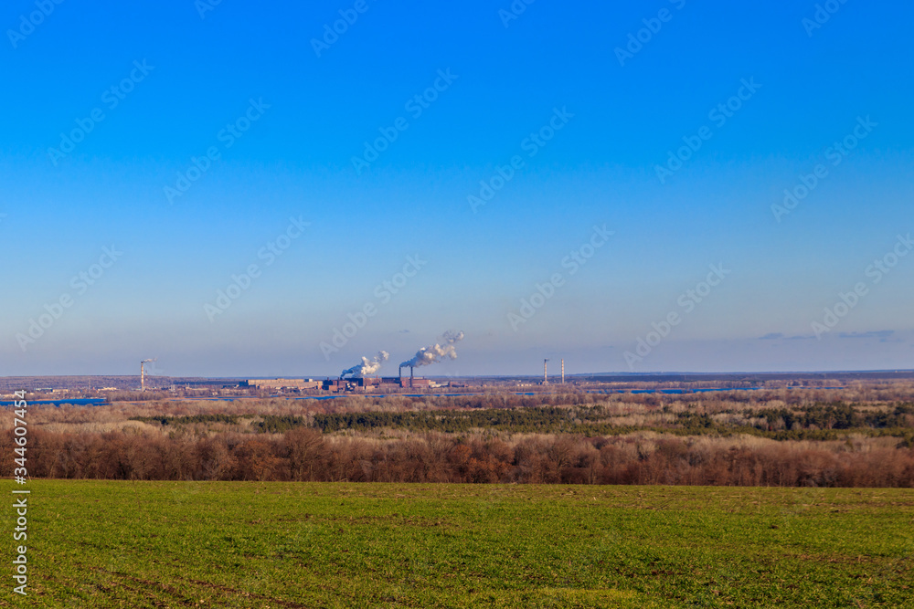 Fototapeta premium View of green wheat field and smoke pipes of factory at spring
