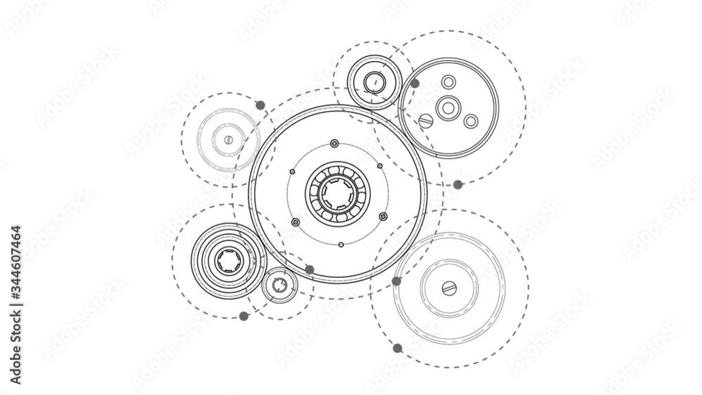 Rotating mechanism of round parts .Machine technology. Technical drawing FullHD video . Rotating mechanism of round parts .Machine technology. Technical drawing FullHD video .