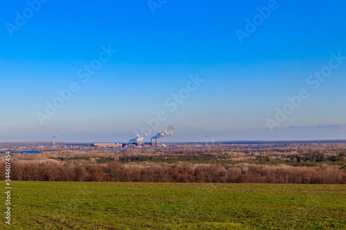 View of green wheat field and smoke pipes of factory at spring
