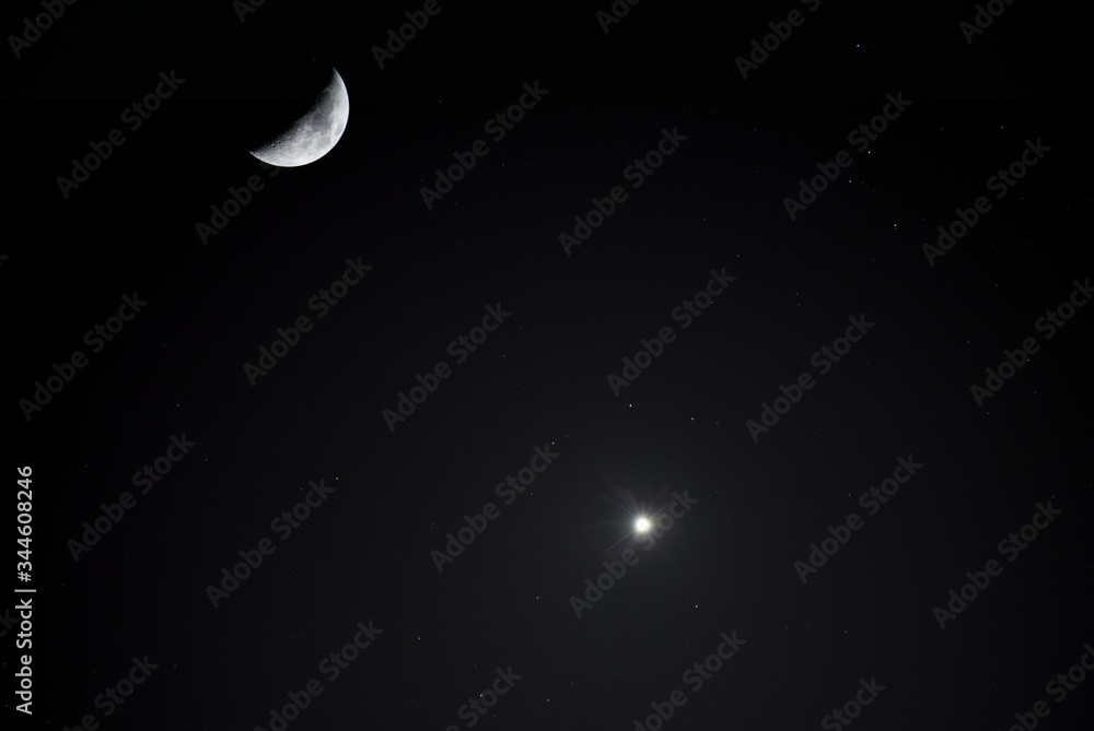 Astronomical photography. Close-up moon and Venus planet on the dark sky. Night photography. Astronomical photography. Close-up moon and Venus planet on the dark sky. Night photography.