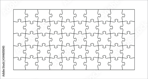 Set of fifty puzzle jigsaw pieces. Puzzle with different types of details and the ability to move each part. Black and white vector illustration