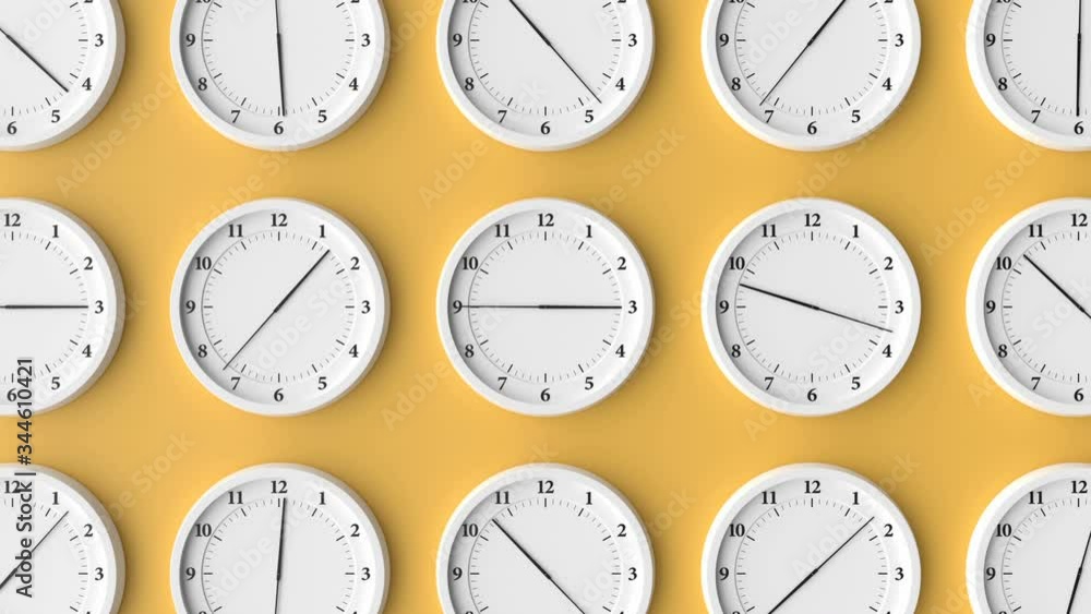 The clock is going very fast. Several wall clocks on a yellow background rotate rapidly. The concept of time, the slow movement of time. 3d Animation 4k Ultra HD 3840x2160