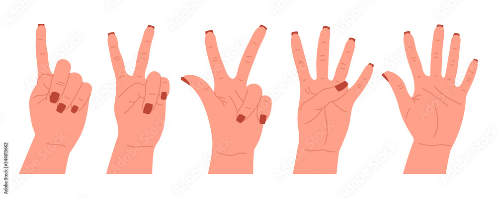 Obraz premium Set of hand gestures characters. Various hand icons with fingers. Counting, bending your fingers. Hand drawn colorful trendy vector illustration. Cartoon style flat design. All elements are isolated