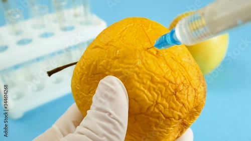 apple in genetic engineering laboratory with syringe and test tubes on blue background, gmo food concept