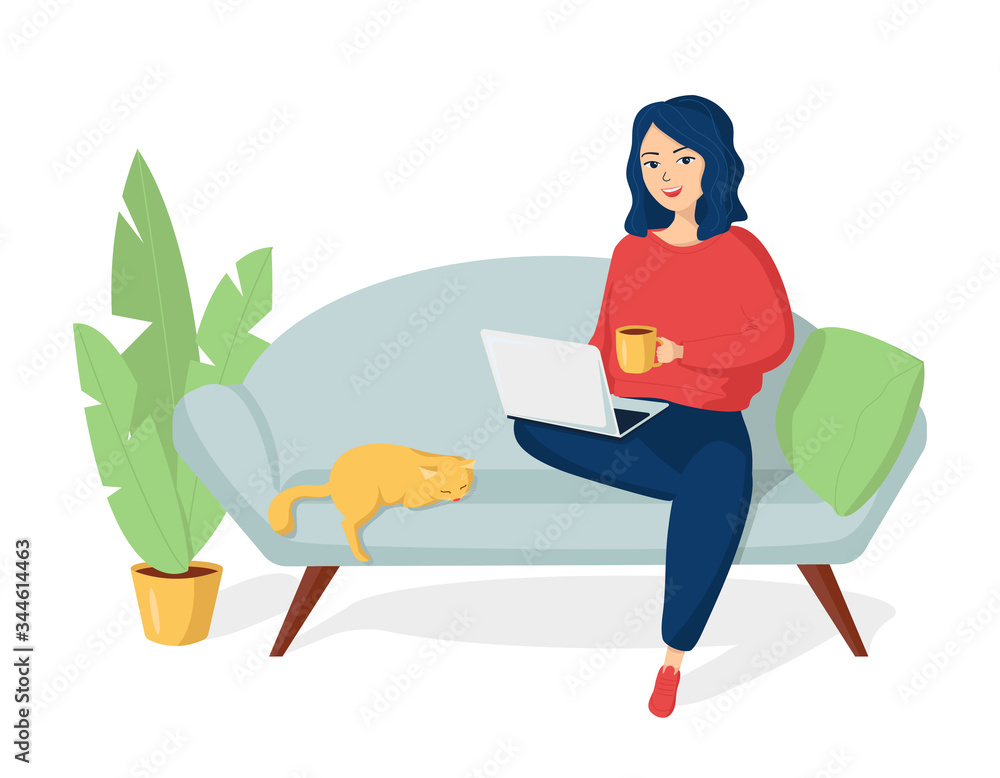 Young woman in home clothes is sitting on a sofa with a laptop.The concept of remote work from home, distance learning, programming, freelance. Vector illustration in a flat style. Young woman in home clothes is sitting on a sofa with a laptop.The concept of remote work from home, distance learning, programming, freelance. Vector illustration in a flat style.