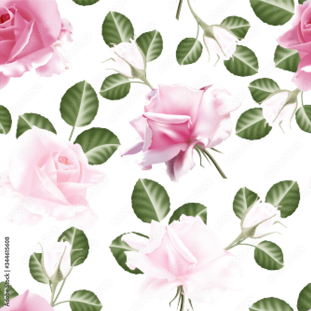 Seamless pattern with pink Rose flowers, wallpaper .Halftone effect. Vector illustration. EPS 10.