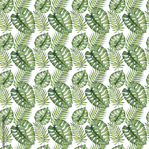 Watercolor seamless pattern with tropical leaves on the white background.Hand painted watercolor clipart.