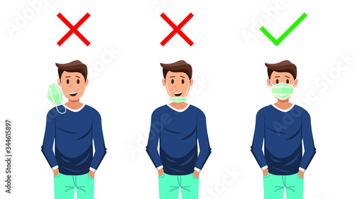 How to wear the correct facemasks and the wrong , Shows how to wear a face mask correctly. In order to prevent the spread of the coronavirus and Covid-19 disease. vector illustration.