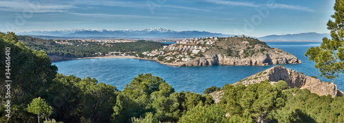 Panoramic over cala montgo where you can see the snowy mountains of the Pyrenees photo