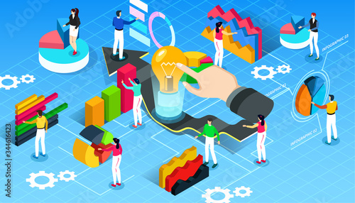 Team works to reach goal flat 3d isometry isometric business concept web vector illustration. Four businessmen pushing target piece part to connect into whole one. Creative people collection.