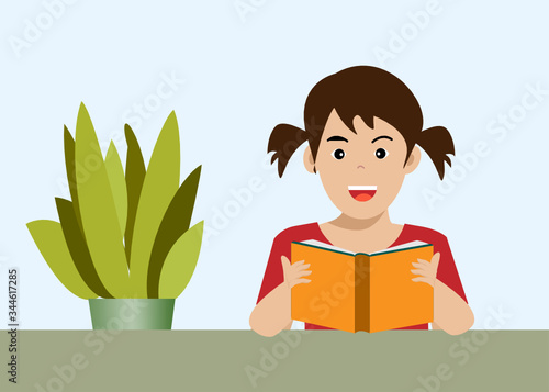 Little kid girl holding and enjoy reading book with happy face. Isolated on light blue background. Vector Illustration. Idea for children acitivities or studying at school/home. photo