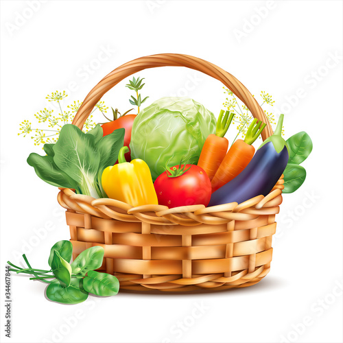 Basket with vegetables and herbs isolated on white. Vector illustration.