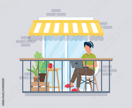 Man working on balcony, work from home concept. Stay at home during epidemic. Cute vector illustration in flat style