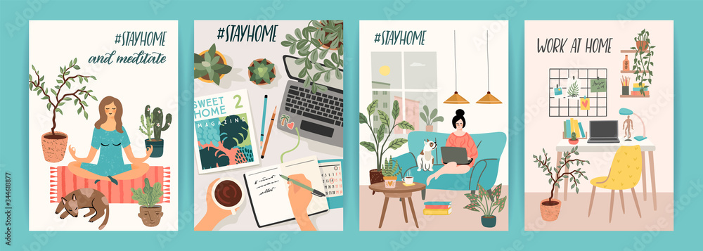 Stay at home. People stay in cozy house. Vector illustrations. Stay at home. People stay in cozy house. Vector illustrations.