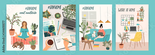 Stay at home. People stay in cozy house. Vector illustrations.