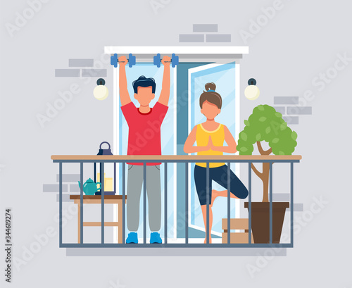 People on balcony doing workout, coronavirus concept. Stay at home during epidemic. Cute vector illustration in flat style