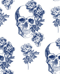 Sierkussen Doodshoofd met bloemen patronen Blauwe vintage schedel bloemenmotief  © Lana