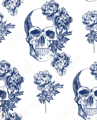 Vintage blue skull with flowers seamless pattern