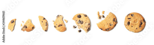 Tasty chocolate chip cookies isolated on white background