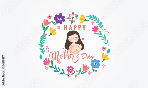 Happy Mother's day vector illustration design colorful flowers I love you, mom. Mother holding baby with happiness