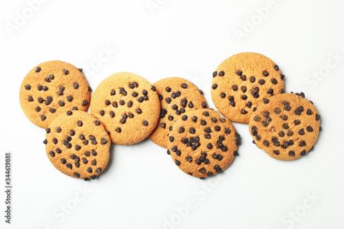 Tasty chocolate chip cookies on white background  top view