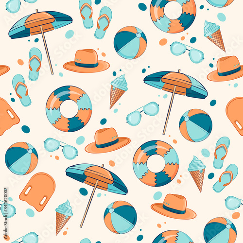 Seamless summer vector pattern. Beautiful background with beach accessories and a bouncy ball and a circle.