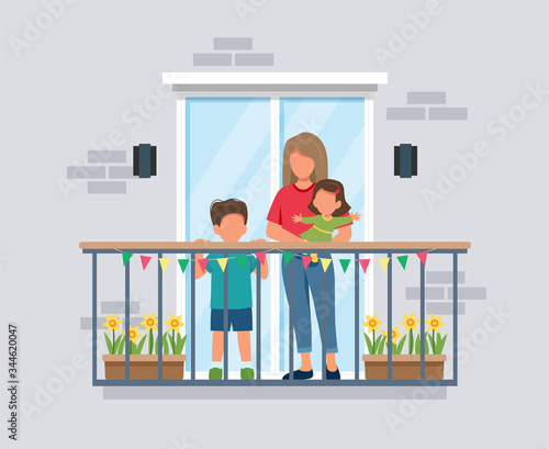 People on balcony, mother with kids, coronavirus concept. Stay at home during epidemic. Cute vector illustration in flat style