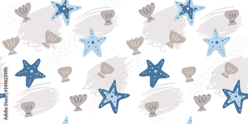 Vector seamless pattern with hand drawn summer elements, marine life, starfish sea shell nautical designs, ocean bubble sea vacation tropical